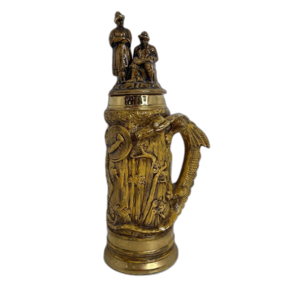 Vntg 1979 Ceramic Gloss Beer Stein Warrior Graphics & Dragon Handle Chip On Tail